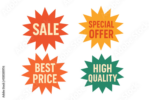 Retro Sale Stickers Set, Vintage Promotional Labels, Special Offer, Best Price, High Quality, Discount Tags, Marketing Badges, Starburst Design, Eye-catching Retail Graphics