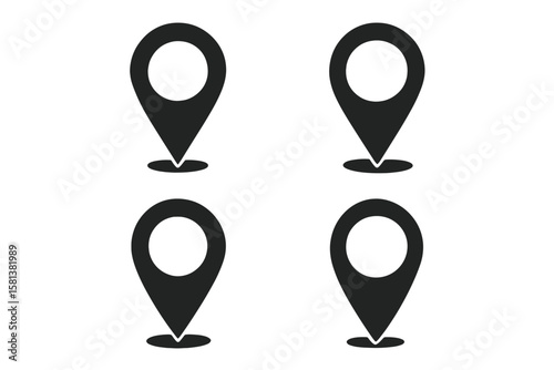 Map pin icon set. Location marker symbol. Simple flat vector graphic for GPS navigation. Destination pointer sign. Geotag position place silhouette. UI web element design.