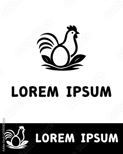 Logo of laying hen and eggs in nest in minimalist, modern and flat style