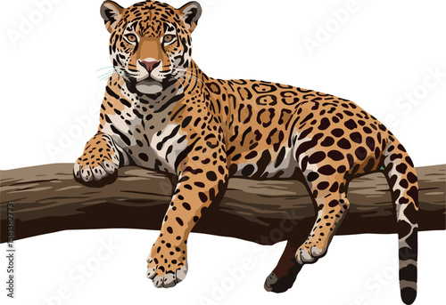 Resting Jaguar (Panthera onca) on a Tree Branch: Vector Illustration of a Watchful Feline in Tropical Forests and Savannas