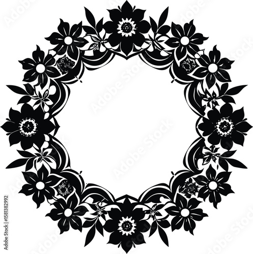 Ornamental Silhouette Frame With Clustered Blossom