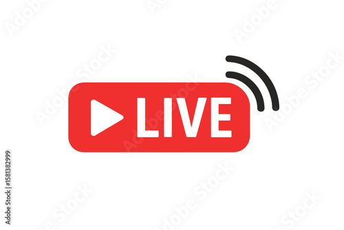 Live stream icon. Online broadcast button. Red streaming video symbol with play sign. Internet television, social media element. Broadcasting, news, webinar, blog concept. Vector.