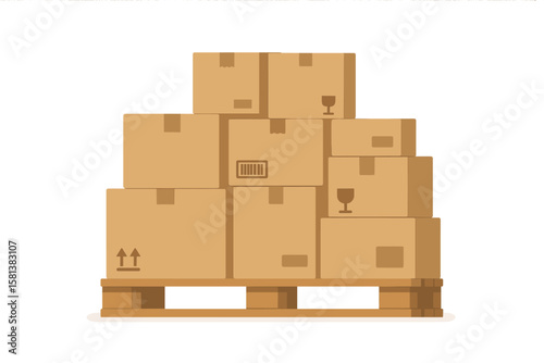 Warehouse Pallet with Cardboard Boxes Stack. Shipping Packaging, Storage Logistics, Distribution Center, Delivery, Freight, Cargo, Stackable Cartons, Warehouse Inventory, Vector Illustration