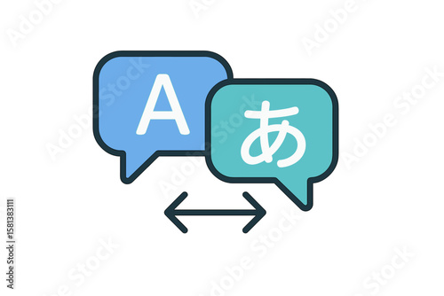 Language translation chat bubbles icon. Online multilingual translator app symbol. Speech bubbles with English and Japanese letters. Communication, global language exchange concept