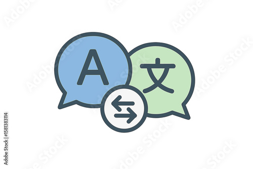 Language translation chat bubbles icon. Online multilingual translator app symbol. Speech bubble with English and Chinese characters. Communication, global translation, language exchange
