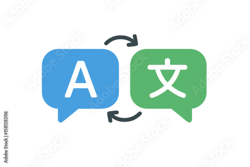 Language translation icon. Speech bubbles with English and Chinese characters, arrows indicating exchange. Multilingual communication, online translator, app interface, global languages
