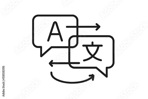 Chat bubbles with language translation outline vector sign, online multi-language translator icon, translation app linear icon, online translator symbol, multilingual communication
