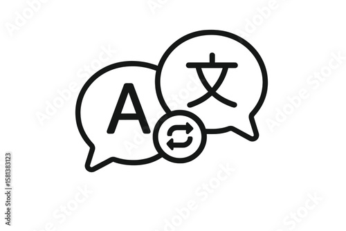 Language translation chat bubbles icon. Multilingual communication, online translator, speech bubble with A and Chinese character, translation app symbol, exchange arrows