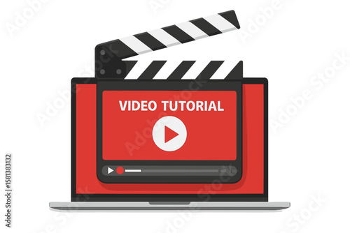 Clapperboard and Online Video Player on Laptop Screen. Video Tutorial, Online Course, E-Learning, Movie Streaming, Digital Cinema, Internet Education, Web Training Concept
