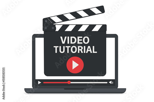 Online video tutorial concept with clapperboard, laptop screen, play button, digital movie player interface, e-learning, internet streaming, online cinema, education technology