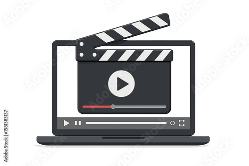 Clapperboard and Online Video Player Interface on Laptop Screen. Digital Movie Streaming, Online Cinema, Video Tutorial, Film Production, Media Playback, E-learning Concept