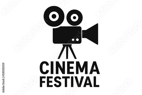 Cinema festival poster with vintage movie camera, film reel, tripod, black and white vector illustration, transparent background, classic film concept, movie production, entertainment event