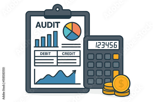 Clipboard with financial graphs and charts, audit debit and credit calculations, accounting and taxes report, digital accounting, financial research, business finance analysis, data review