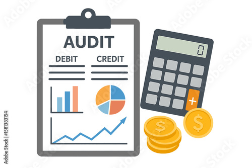 Clipboard with graphs and charts, audit debit and credit calculations, accounting and taxes, financial report, digital accounting, financial research, business analysis