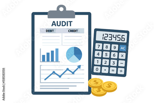Clipboard with financial graphs and charts, audit debit and credit calculations, accounting and tax analysis, digital accounting report, financial data research, business finance tools