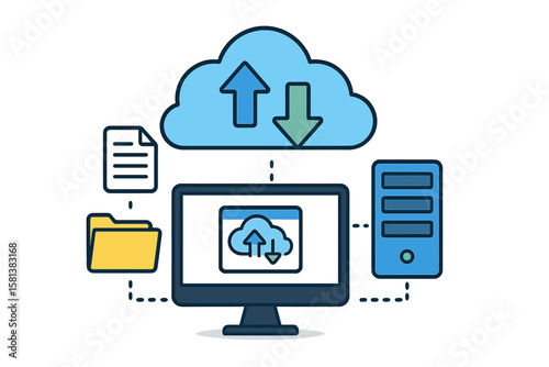 Cloud computing web hosting service concept. Data backup, file and document storage, server database, upload and download, digital cloud technology, online data management