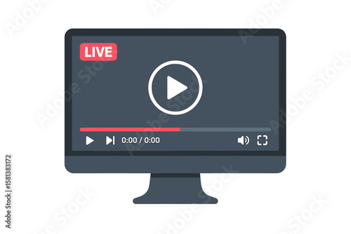 Computer monitor screen with video player interface, front view, multimedia display, live stream window mockup, online video playback, movie watching concept, digital media