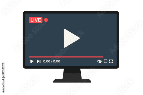Live Streaming Video Player Interface on Computer Monitor. Online Broadcast, Multimedia Playback, Movie Streaming, Webcast Mockup, Digital Entertainment, Front View Screen Display