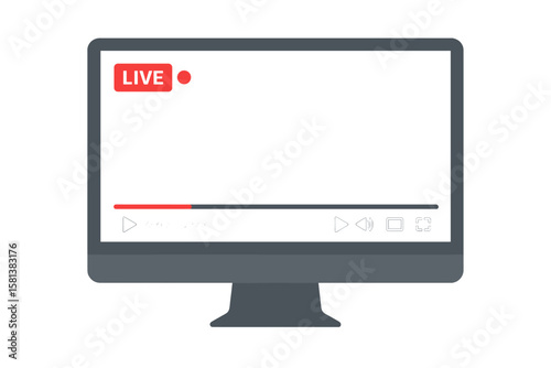 Computer screen with video player, monitor front view with live stream mockup, multimedia display frame, online video streaming, watch movies, digital media interface