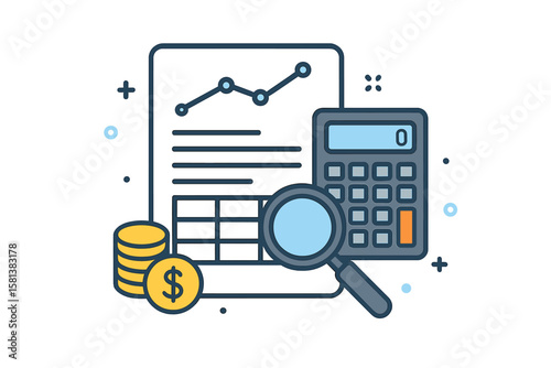 Financial report analysis, digital accounting audit, business planning, strategy, calculator, magnifying glass, coins, banking, data research, investment management