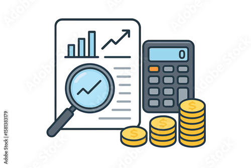 Financial report analysis, digital accounting, audit research concept. Calculator, magnifying glass, money coins, bar chart, growth graph. Banking, planning, strategy, finance