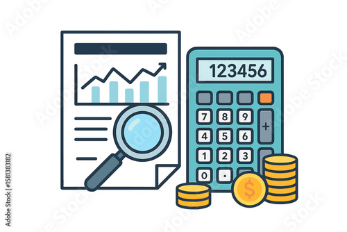 Financial report analysis, digital accounting audit, calculator with coins, magnifying glass, business finance research, banking data, planning, investment strategy, flat vector