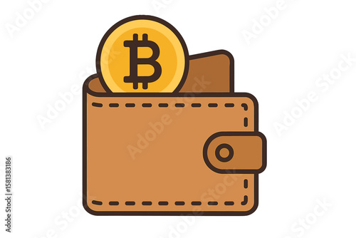 Bitcoin Wallet Icon. Cryptocurrency Wallet with Bitcoin Coin. Digital Currency Storage. Secure Blockchain Payment. Crypto Finance Concept. Vector Illustration. Transparent Background.