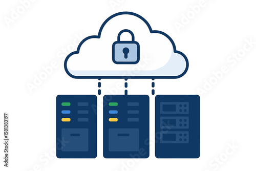 Secure cloud data storage and hosting servers network. Data center technology. Online cloud computing infrastructure. Information transfer, backup, memory, server cabinets