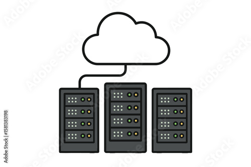 Cloud data storage network with connected server cabinets. Online cloud computing, data hosting, memory transfer, information technology infrastructure, server rack vector