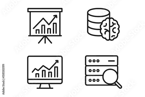 Data analytics set of 4 web icons in modern line style. Data analysis, processing, statistics, database, monitoring, and analytics icons for web and mobile apps.