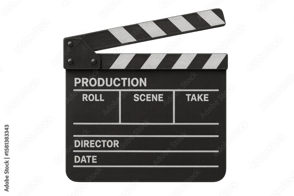 Fototapeta premium Detailed film clapperboard displaying production information, resting against transparent background, representing movie production process