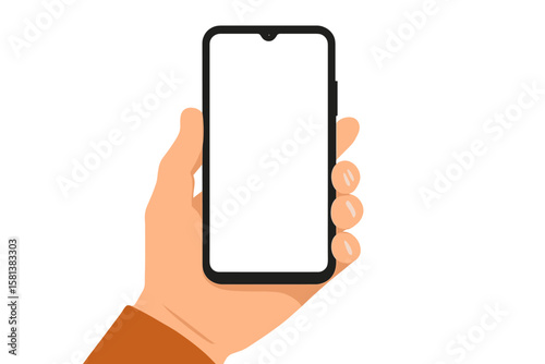 Hand holding black smartphone with blank screen, flat style vector illustration, mobile phone mockup, app template, digital device, technology, communication, modern gadget, isolated