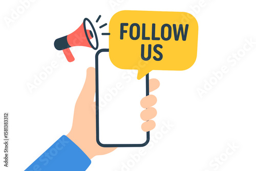 Hand holding smartphone with Follow Us speech bubble and red megaphone icon. Social media marketing banner for digital promotion and mobile advertising, online campaign