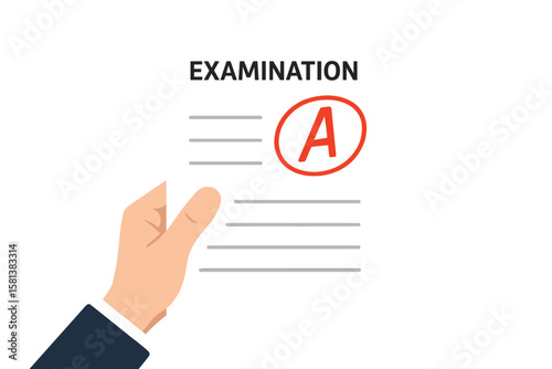 Hand holding an examination sheet with a red circled A grade, testing success and academic excellence concept, student evaluation, assessment achievement, education performance