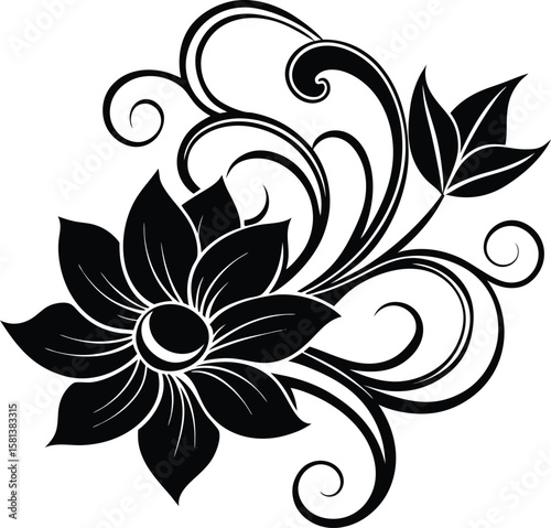 Ornamental Swirl With Magnolia Flower And Curled Leaf