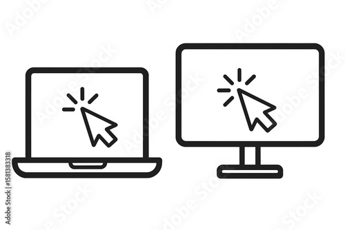 Vector illustration of laptop and desktop monitor screens with clicking cursor icon user interface interaction technology concept digital devices click pointer selection symbol
