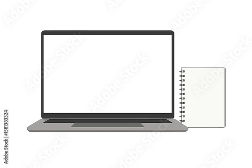 Modern laptop and notebook mockup front view with blank computer screen and spiral-bound notebook on subtle gradient background. Digital workspace vector template for UI showcases.