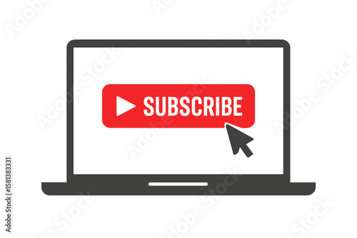 Laptop screen showing red Subscribe button with play icon and cursor click, for social media subscription, channel follow, blog promotion and online video streaming concept