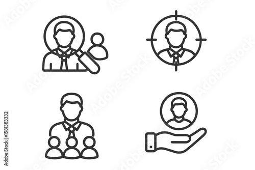 Recruitment headhunting icon pack: line-style vector web icons for candidate search with magnifier, talent targeting, team hiring group and candidate support hand for HR staffing