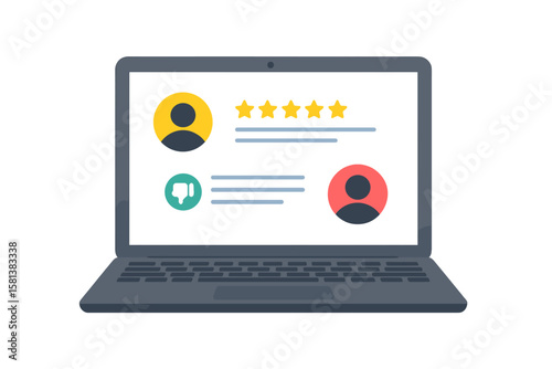 Laptop showing customer feedback interface with user reviews. Five star rating avatar, thumbs-down negative feedback icon, user comments and star ratings on screen.