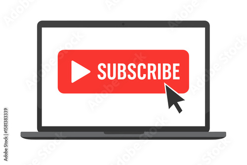 Laptop screen displaying red Subscribe button with mouse cursor click, call to action for channel subscription, social media promotion, video blogging and streaming engagement