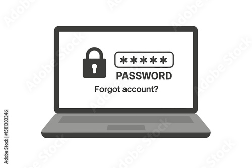 Laptop computer on dark background displaying password entry with stars, padlock security icon, 'Forgot account?' link symbolizing user authentication and access control