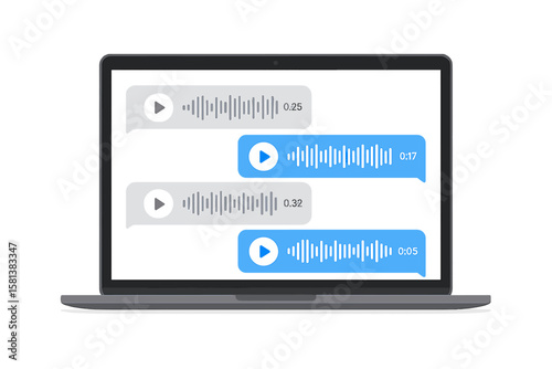 Modern laptop displaying voice message chat interface with audio waveforms and play buttons in messenger bubbles for online communication and social media voice messaging concept