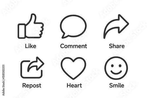 Social media reaction line icon set for network engagement: thumb up like, comment bubble, share arrow, repost symbol, heart shape, smile emoji vector illustration