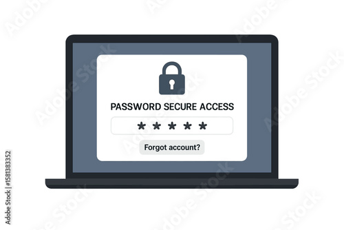 Vector illustration of laptop login screen with password secure access prompt and lock icon for user authentication and forgotten account recovery in cybersecurity access interface