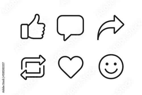 Social media reaction line icons set. Vector illustration including like thumbs up, comment bubble, share arrow, repost loop, heart favorite, smile emoji. Minimal outline design.