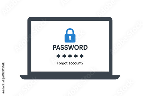 Laptop login screen security concept with padlock icon and obscured password field, authorization secure access prompt, forgot account link, protection privacy illustration