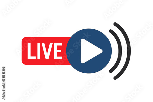Live streaming emblem icon with play button and broadcast signal waves. Online video stream symbol for TV sport news radio digital media, live broadcast vector design element