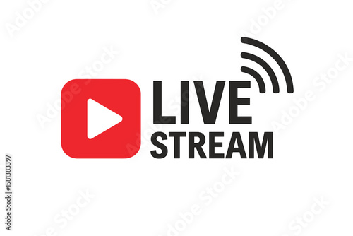Live stream symbol with play button and broadcast waves. Online streaming video icon emblem for live TV, sport, news, and radio broadcasting. Vector design with neon red glow.