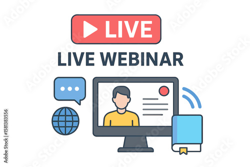 Live webinar streaming vector illustration with live video stream button, virtual conference screen, presenter, chat bubble, globe icon, e-learning and online education seminar